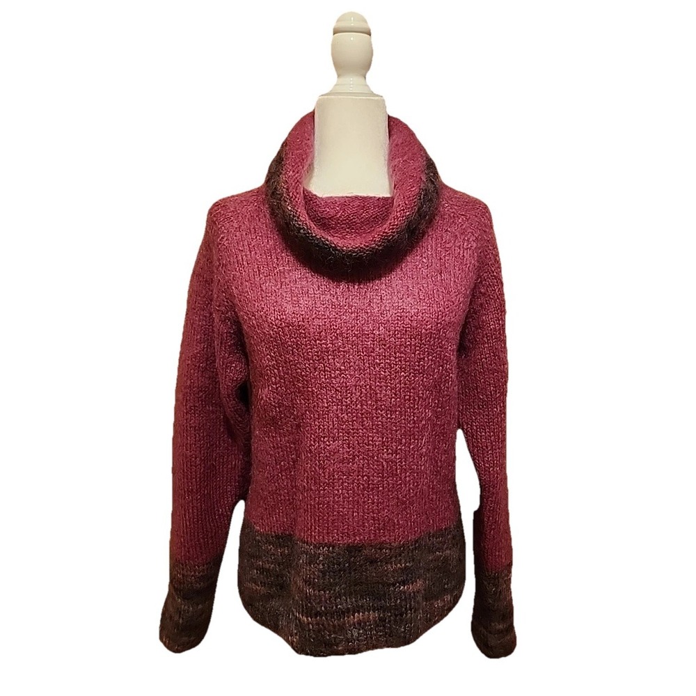 Hand‎ Knit Womens Sweater M Cowl Colorblock Rose Pink Boho Hygge Cozy Rustic